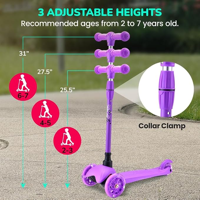 Hurtle Mini Kickboard 3 Wheel Scooter for Kids Ages 2-5 - Lean-to-Steer Toddler Scooter with Light-up LED Wheels, Adjustable Height & Rear Foot Brake for Boys. & Girls, Anti-Slip, Indoor/Outdoor