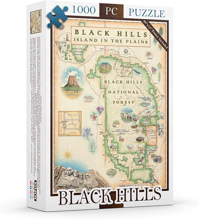 Mount Rushmore, Black Hills National Forest, Devils Tower Map Cardboard Jigsaw Puzzle - 1000 Pieces, Hand-Illustrated - Educational, Family Activity, Ages 7+, Includes Poster - 25.4 x 19.8
