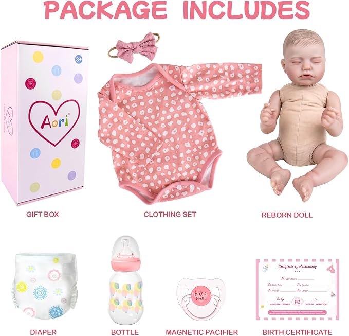 Aori Realistic Reborn Baby Doll - 20" Lifelike Newborn Girl with Weighted Cloth Body, Packed with Bottle, Pacifier & Outfit Set for Kids & Collectors