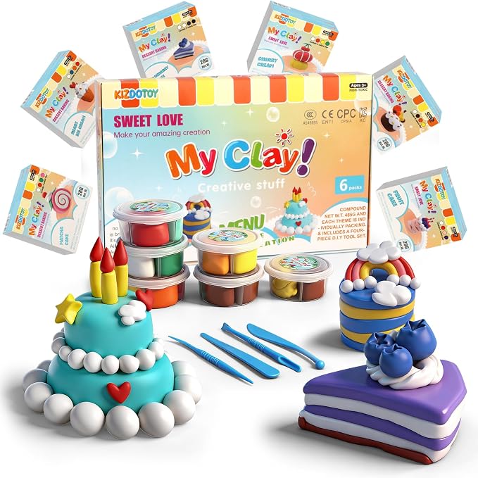 Dessert Clay Kit for Kids – 6 Sweet Treat Themes with Tools & Tutorial Cards | Cupcake Cookie Cake DIY | Soft Non-Sticky Air Dry Clay | Arts & Crafts Gift Ages 3+