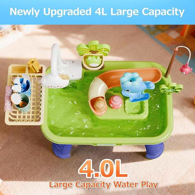 Sand and Water Table Toy for Toddlers 1.5+, 22 Pcs Accessories, 4L Large Capacity Basin, Fishing Game and Kitchen Sink Play, Outdoor Sensory Summer Gift for Kids, Spring-Green