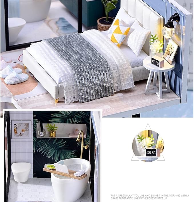 Lannso DIY Dollhouse Miniature Wooden Furniture Kit, Doll House Kit with Dust Proof Cover Music Box, Mini Handmade Wooden Dollhouse Toys for Adult Gift(L32)
