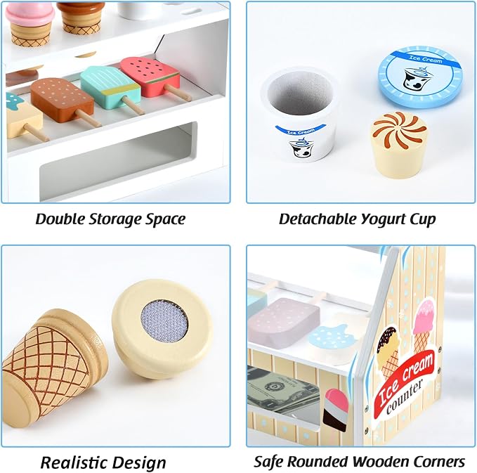 WHOHOLL Wooden Ice Cream Toys Kids Play Store Pretend Toy for Toddlers, Play Kitchen Accessories with Scoop, Menu, Ice Cream Play Set Birthday for 3 4 5 6 Year Old Girls Boys