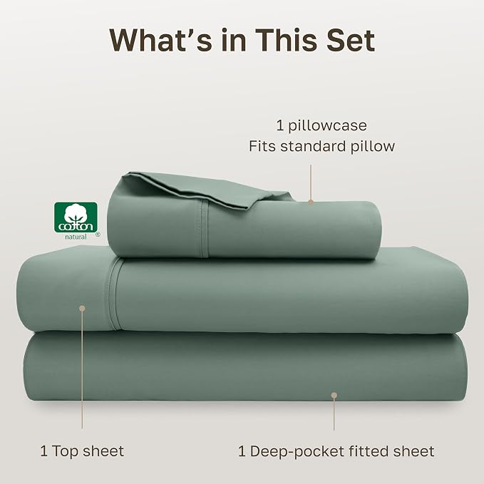 California Design Den Soft 100% Cotton Bed Sheets Twin Size Set, 400 Thread Count Good Housekeeping Award Winner, Silky Sateen Weave, Long Staple Cotton Twin Bed Sheet Set - Sage Green