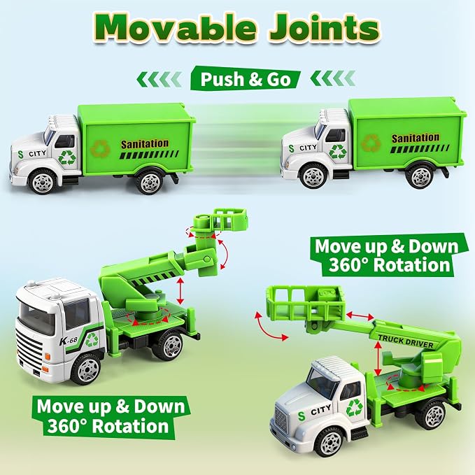 6 Pack Diecast Garbage Truck Toys, Mini Alloy Trash Truck Kids Play Vehicles Set Cars Toys for Toddlers Boys Ages 3 4 5 6 7 Years Old Birthday Gift & Party Favors &Goodie Bag Stuffers