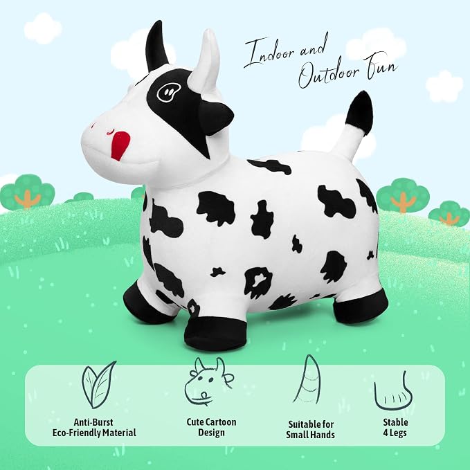 Bouncy Hopper Horse Cow Toys, Inflatable Bouncing Animal Hopping Toys, Outdoor Indoor Ride on Bouncer, Boys Girls Birthday Gift for 18 Month 2 3 4 5 6 Year Old Kid- Plush Cow Toy