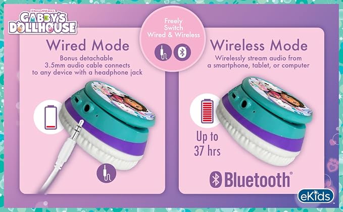 Gabbys Dollhouse Bluetooth Headphones for Kids, Wireless Headphones for School, Home, or Travel (Gabby)