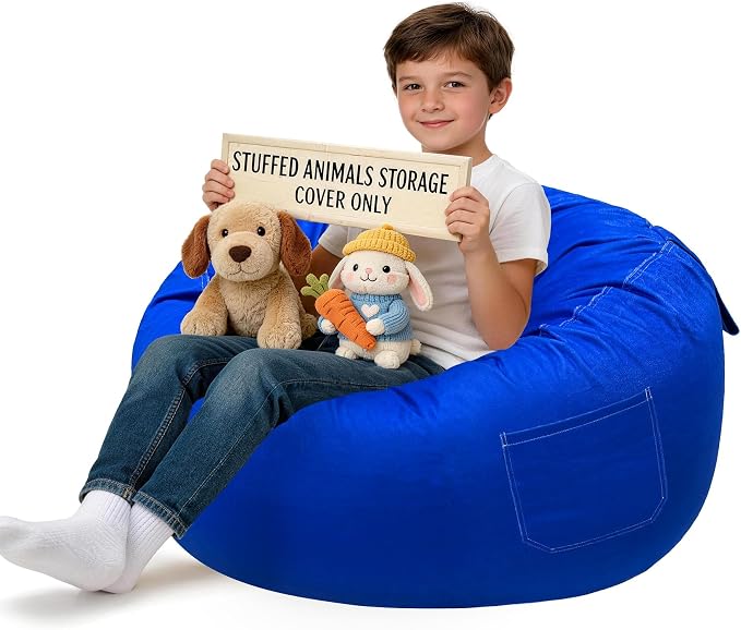 Lukeight Stuffed Animals Storage Bean Bag Chair Cover for Kids, Cozy Velvet Plush Toy Organizer Seat, Cover Only, No Filling Included, Long YKK Zipper, Side Pocket, X-Large 30 x 18 in