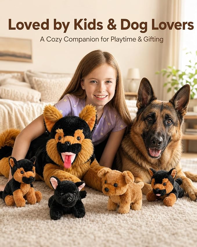 MaoGoLan 5Pcs Giant German Shepherd Dog Plush Toys with 4 Babies, Realistic Soft and Cuddly Stuffed Dog Puppies for Kids, Puppy Lovers