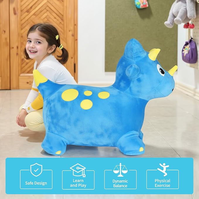 INPANY Bouncy Horse, Dinosaur Hopper Toys, Toddler Plush Bouncing Animal, Dinosaur Birthday Party Decoration, Kid Inflatable Ride on Rubber Bouncer, Outdoor for 2 3 4 Yr Boy Girl Blue