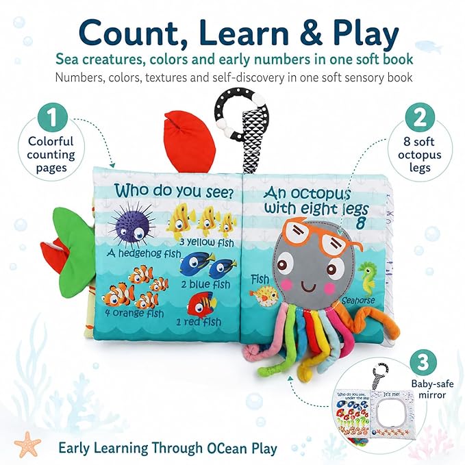 Fish Baby Book, Crinkle Books for Babies, Touch & Feel Soft Books, Infant Baby Toys 0-3 0-6 6-12 Months, Sensory Mirror Toy,Teether Ring, Baby Shower, Baby Basket Stuffers,Gifts for Boys Girls -Green