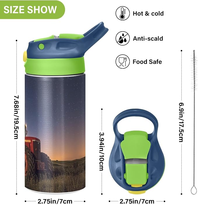 Boccsty Red Tractor Milkyway Galaxy Kids Water Bottle with Straw Lid Insulated Stainless Steel Reusable Tumbler for Boys Girls Toddlers 12 oz Green