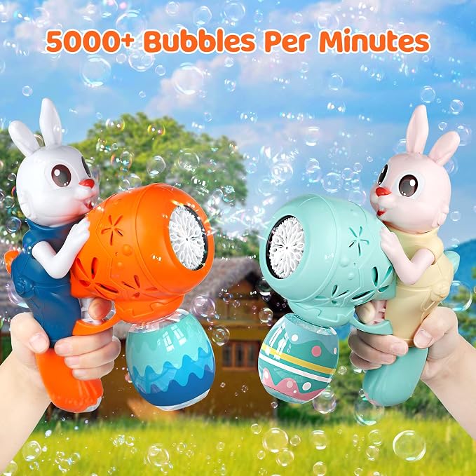 IFLOVE 2-Pack Rabbit Bubble Machine for Kids, Automatic Bubble Gun Ages 3-8 | Bunny & Easter egg design, 12 outlets blow 5,000+ bubbles; 10 solution packs; summer outdoor toy; needs 4 AA batteries
