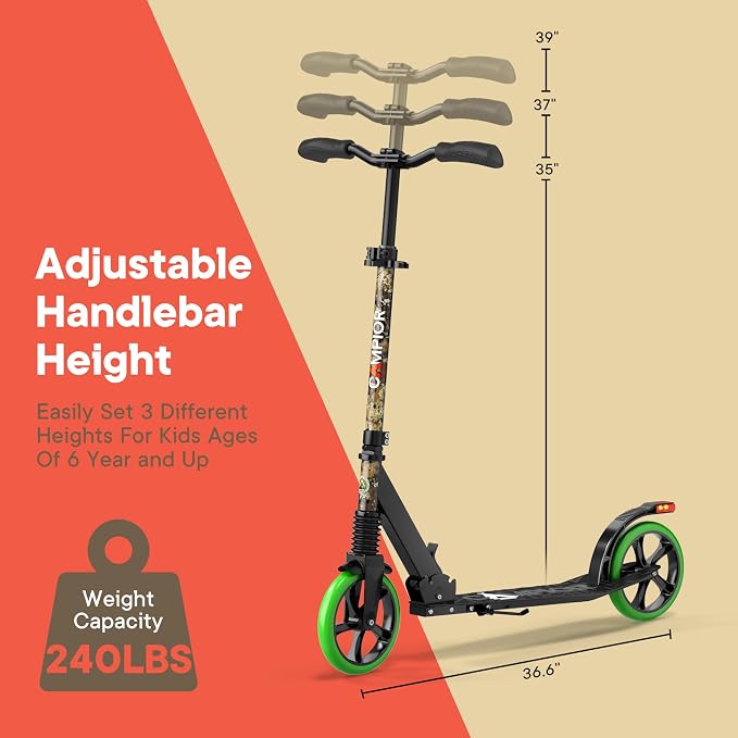 Campior Kick Scooter for Ages 6+, for Kids, Teens, and Adults, Max Load 240 LBS, Foldable, 8-inch Big Wheels for Kids and Adults, with Kickstand, 3 Adjustable Levels, Child Safety Approved, Graffiti