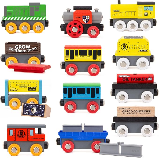 Wooden Train Set 12 PCS Magnetic Toy Train Cars with Storage Box Cover Tunnel Compatible with Thomas Brio Melissa and Doug Wooden Railway Toys for Grandkids Kids Toddlers Boys Girls (Pack of 2)