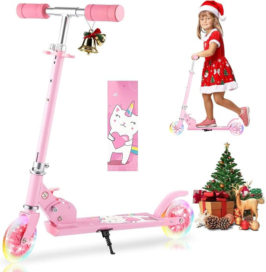 Scooter for Kids Ages 3-12 - Kids Kick Scooters with Led Light Up Wheels & 3 Levels Adjustable Handlebar, Lightweight Foldable 2 Wheel Girly Pink Scooter, Christmas Birthday Gifts for Girls Boys.