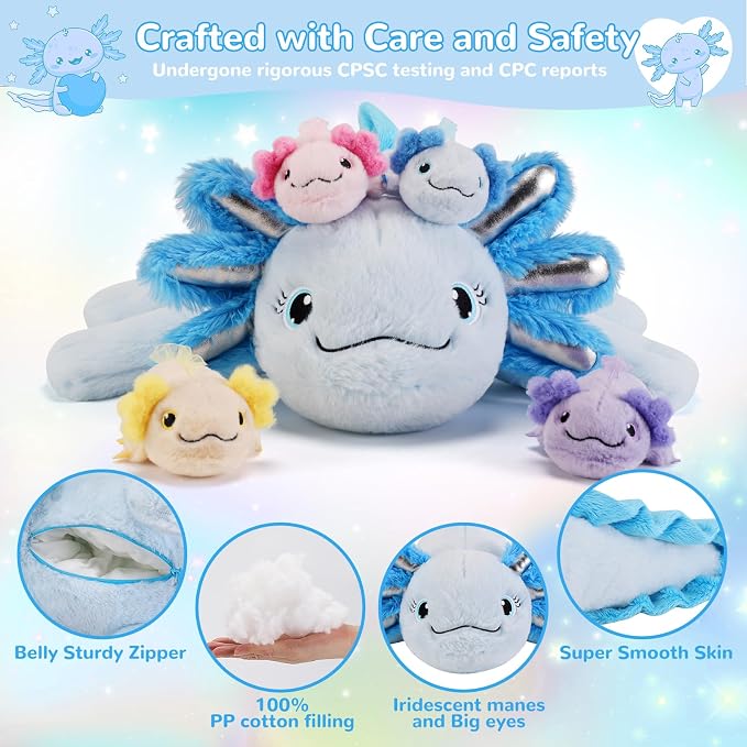 gnomantic Axolotl Stuffed Animals with Babies Inside, Mommy Toy for Kids | 5-Piece set: 1 mommy axolotl + 4 baby axolotls inside. Unzip belly to reveal surprise babies. Ultra-soft, ages 3-8.