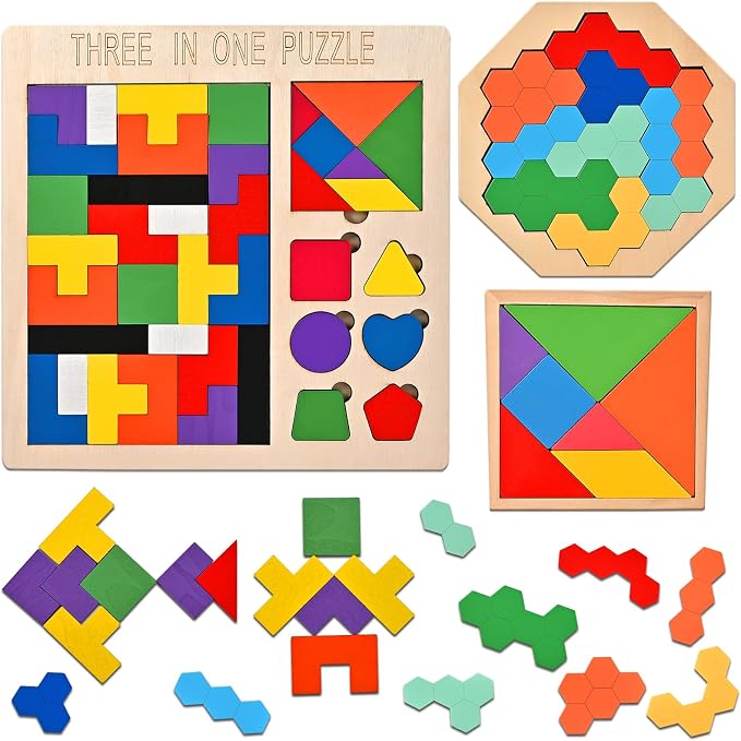 3 PCS Wooden Blocks Puzzles, 3-in-1 Russian Blocks Puzzle, Octagon Puzzle, Tangrams Puzzles, Brain Teaser Puzzles Game, Montessori STEM Educational Toys Gifts for Kids and Adults