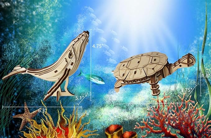 3D Wooden Sea Animal Puzzle - 6 Piece Set Wood Sea Animals Skeleton Assembly Model Kits - Wooden Crafts DIY Brain Teaser Puzzle - STEM Gifts for Adults & Teens Birthday Gifts Christmas