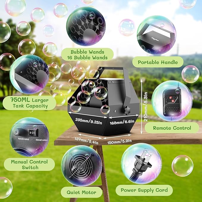 Theefun Bubble Machine: Remote Control 750ML Metal Bubble Blower Machine for 60 Min Usage Time, Plug-in Automatic Bubble Maker for Parties Wedding Birthday Indoor Outdoor, with AC Adapter