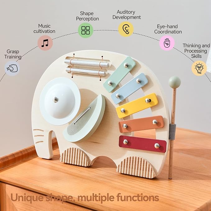 Wooden Elephant Musical Instruments for Toddlers, Baby Xylophone Percussion Instruments Toy for Kids, Montessori Educational Music Toys, Gifts for Girls Boys