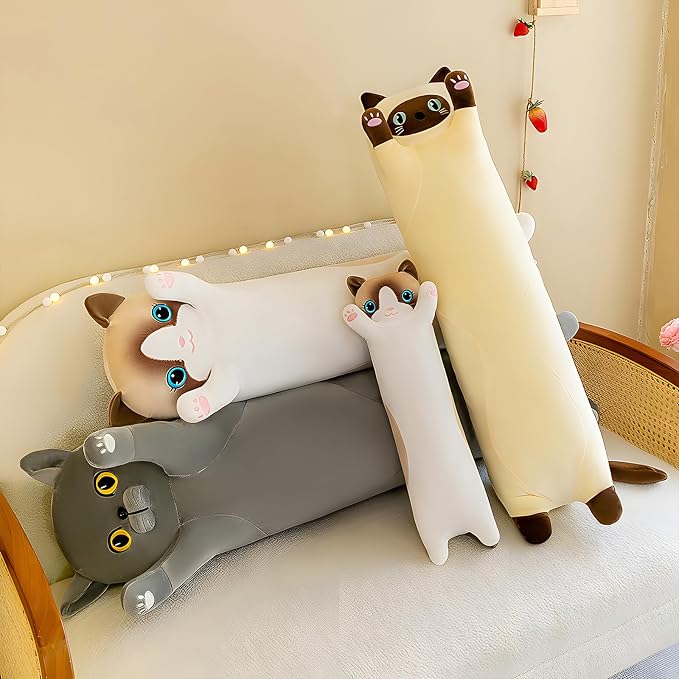 Long Cat Plush Pillow, 27.6in Cute Gray Cat Plushie Stuffed Animals Body Pillow, Kawaii Kitten Soft Plushie Doll Toy Birthday Gift for Children Girlfriend