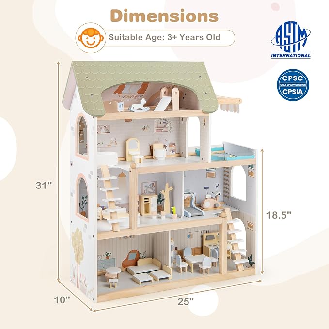 HONEY JOY Doll House, 4-Story Wooden Dollhouse Playset w/ 6 Rooms, 33 Accessories & Miniature Furniture, Pretend Play Toys Kit, 2.56 Feet Toddler Big Doll House, Gift for Kids Aged 3+