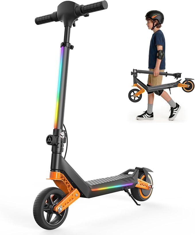 Electric Scooter for Kids Ages 6-12, Shock Absorption, 3/6/10 MPH, 3 Heights, 150W Motor, 6.5" Solid Tire, Foldable Lightweight Kids Electric Scooter with LED Display, Bluetooth & RGB Lights