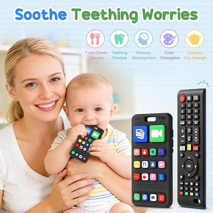 2 Pack Baby Teething Toys 3-6 6-12 Months, BPA Free Silicone Phone and TV Remote Teether Toys for Baby 12-18 Months, Baby Chew Toys for Teething Relief, Newborn Shower Gifts for Boys Girls