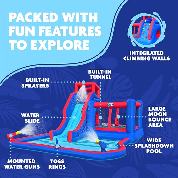 Sunny & Fun 2-in-1 Bounce & Blast Inflatable Water Slide Park – Heavy-Duty for Outdoor Fun - Climbing Wall, Slide, Bouncer, Tunnel & Splash Pool – Easy to Set Up, Included Air Pump & Carrying Case