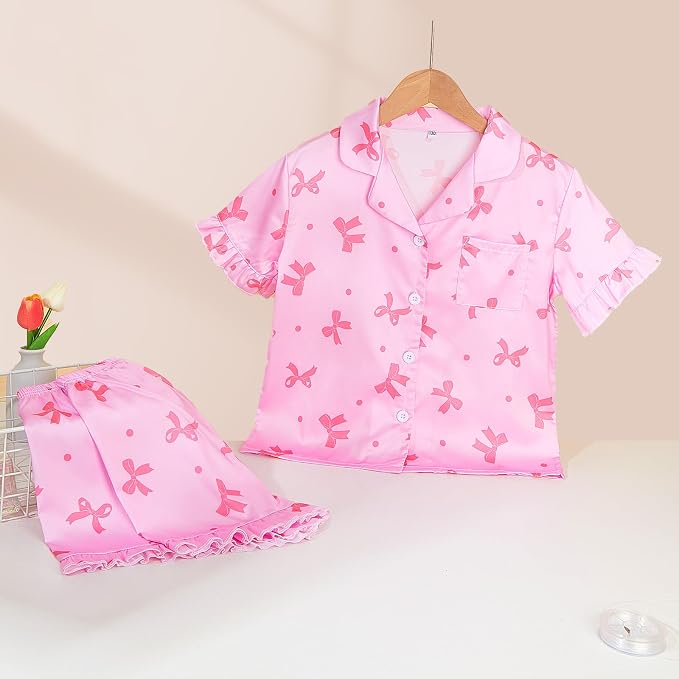 ICOSY Matching Doll & Girls Silk Pajamas Satin Pjs for Girls Button-Down Top and Shorts for 18" Doll Girl Clothes