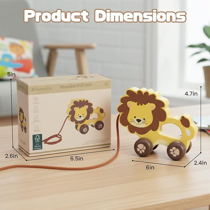 Baby Toys Car,Wooden Pull Along Toddler Toy, Developmental Toy for 1 Year Old Girl Boy Birthday Gift (Lion)