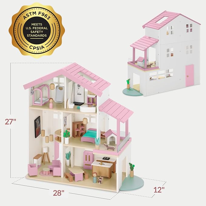 Best Choice Products Modern Wooden Dollhouse for Kids, 3-Story Doll House with 40 Furniture Accessories, Interactive Dollhouse Set with Dolls, Multi-Room Design for Girls & Boys - Pink