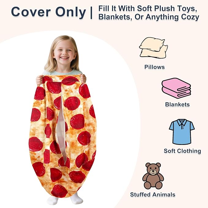 Lukeight Pizza Stuffed Animals Storage Bean Bag Chair Cover for Kids, Cozy Velvet Plush Toy Organizer Seat, Cover Only, No Filling Included, Long YKK Zipper, Side Pocket, X-Large 30 x 18 in