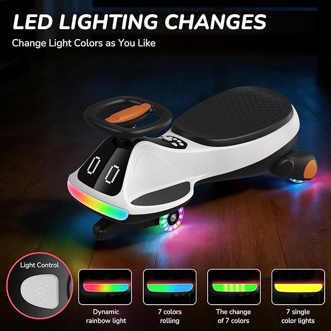 Umatoll 12V Electric Wiggle Car for Kids with Pedal, Display, Rechargeable Battery, LED Light, Bluetooth, Light-Up Wheels, Anti-Rollover, 2 Speeds, Ride on Toys, Birthday Gifts for Age 3+, 150Lbs