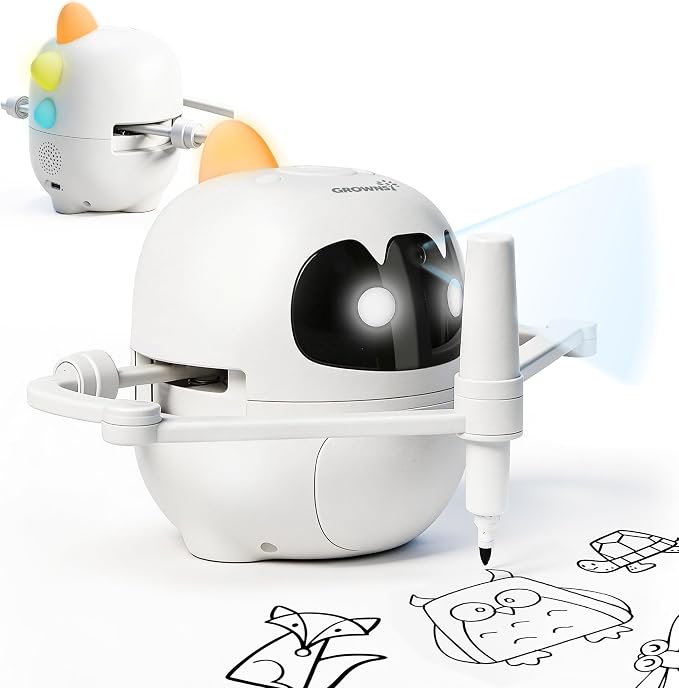 Grownsy Smart Drawing Robot for Kids, Light & Voice Guidance Education Toy with Scan, Doodle Bot with 150 Word Cards & 12 Color Pens, Montessori Painting Learning Toys for Kids Ages 3–8, Birthday Gift