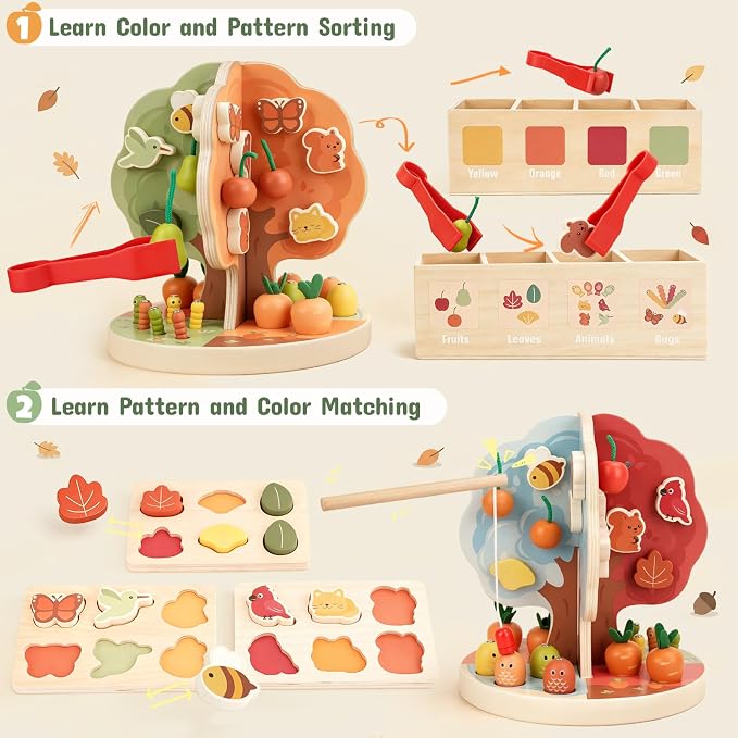 Joyreal Montessori Toys for 3-5 Year Old - 9-in-1 Wooden Magnetic Apple Tree Toy with Radish Pulling Fishing Game, Fine Motor Skills Sensory Educational Toy for Toddlers, Preschool Gift for Boys Girls