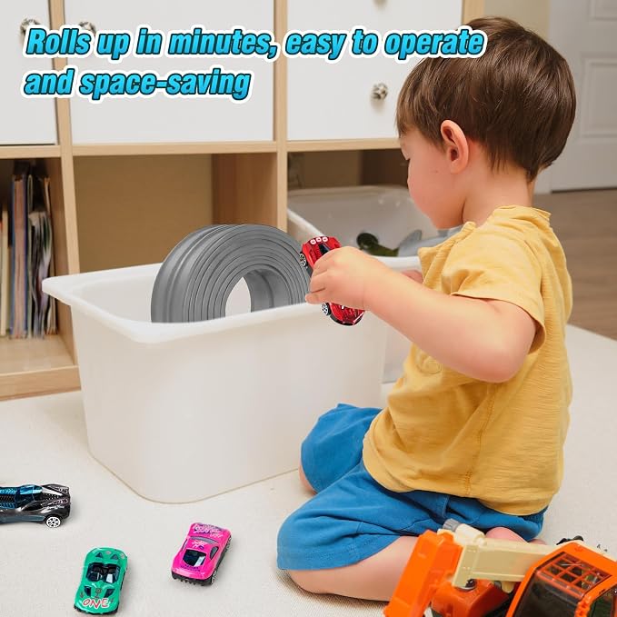 15Ft Flexible Race Car Track for Kids with Suction Cups Compatible with Diecast 1/64th Cars for Ages 3 & Up Blue Gray Orange Red Classic Long Rolls Up Portable Racetrack (Gray)