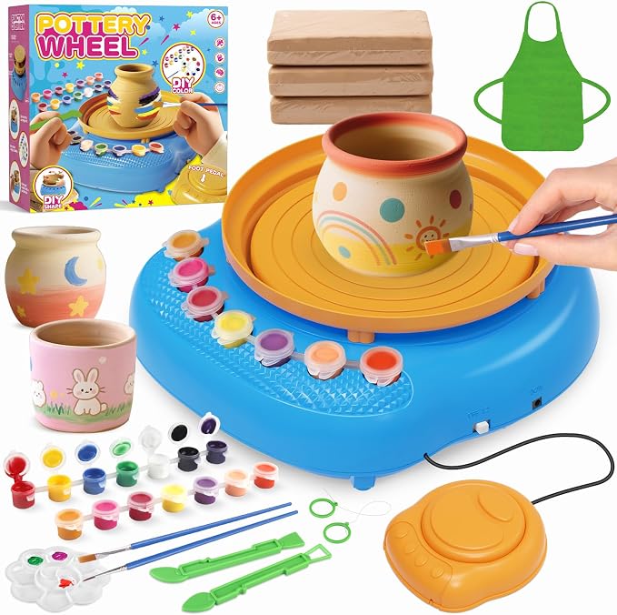Pottery Wheel for Kids with Complete Clay Kit,Beginner Pottery Painting Set with Air Dry Clay,12 Paints,Sculpting Tools,Apron and Guide,Arts and Crafts Christmas Birthday Gift for Girls Boys Ages 6-12