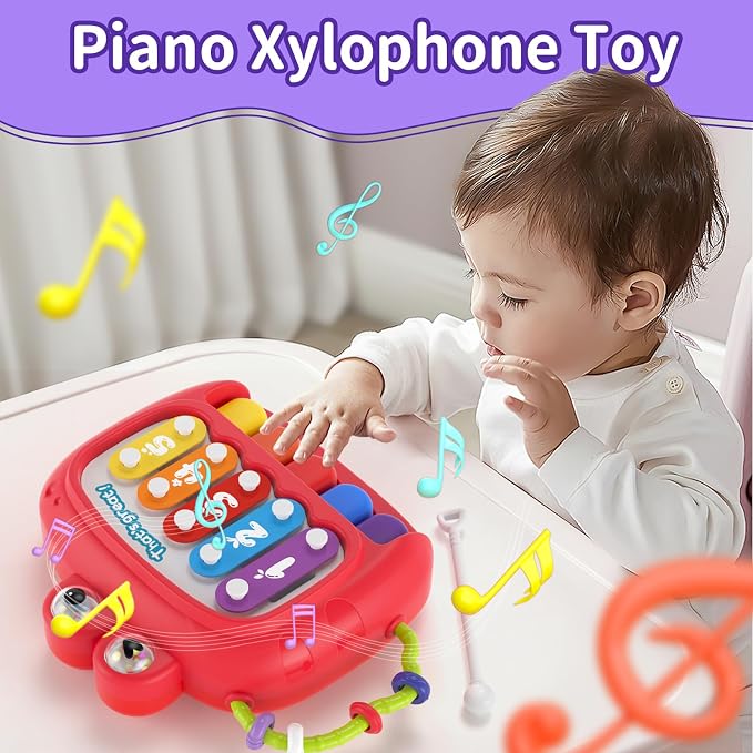 usrela 4 in 1 Baby Toys for 12 18 Month, Learning Toys for Babies 12-18-24 Months, Busy Cube, Stacking Sorter, Piano Xylophone Pull String Travel Toy, Birthday Gifts for Toddlers 1 2 Years Old
