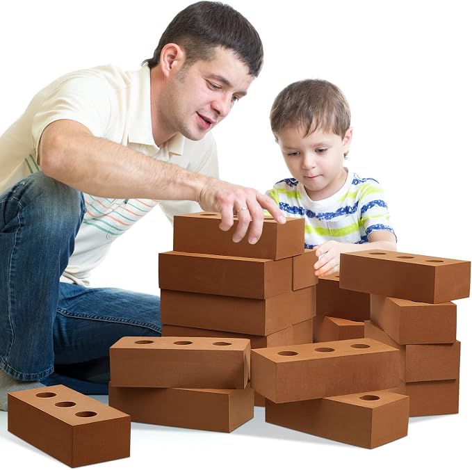Deekin Foam Brick Building Blocks for Kids Thick Blocks Foam Large Fake Brick Construction Toy for Stacking Construction Gifts, 8 x 4 x 2.4 in(80 Pcs,Circle Holes)