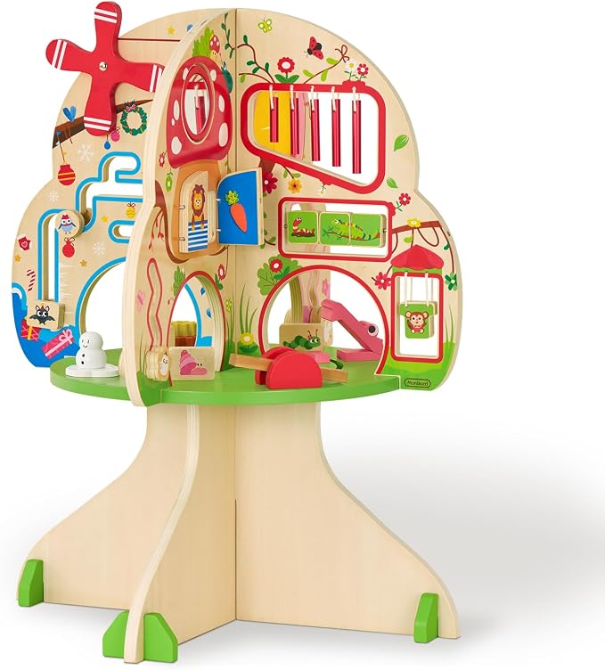Monläurd® Montessori Wooden Tree Activity Center, Sensory Table & Busy Board for Toddlers 1-3, 4-Season Learning Activity Cube for Playroom & Daycare