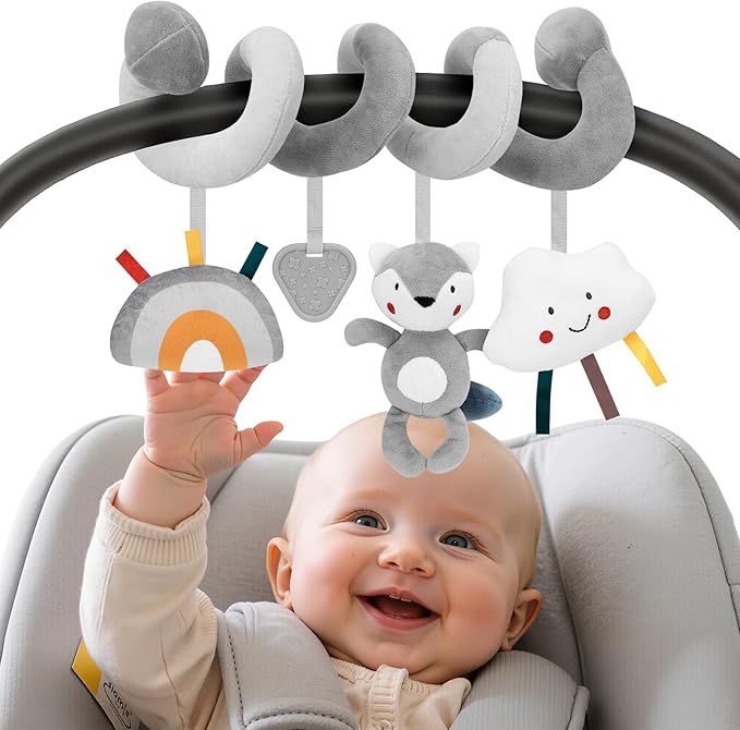 Car Seat Toys for Babies 0-6 Months: Travel Baby Toy for Soft Hanging Toys for Carseat, Spiral Stroller Activity Toy Plush for Infant Boys Girls, Grey Fox