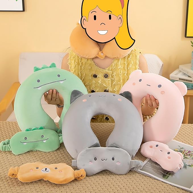 Kids Neck Pillow for Travel with Sleep Eye Mask, Cute Travel Neck Pillow, Memory Foam Flight Sleeping Headrest Pillow for Boys & Girls, Airplane, Train, Car, Home Use - Peach Bear