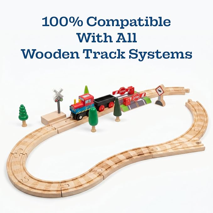 Sound Making Wooden Railroad Crossing Signal | Train Crossing Track Compatible with All Major Wooden Railway Train Track Sets | Battery-Powered Train Track Accessories Wood Layout