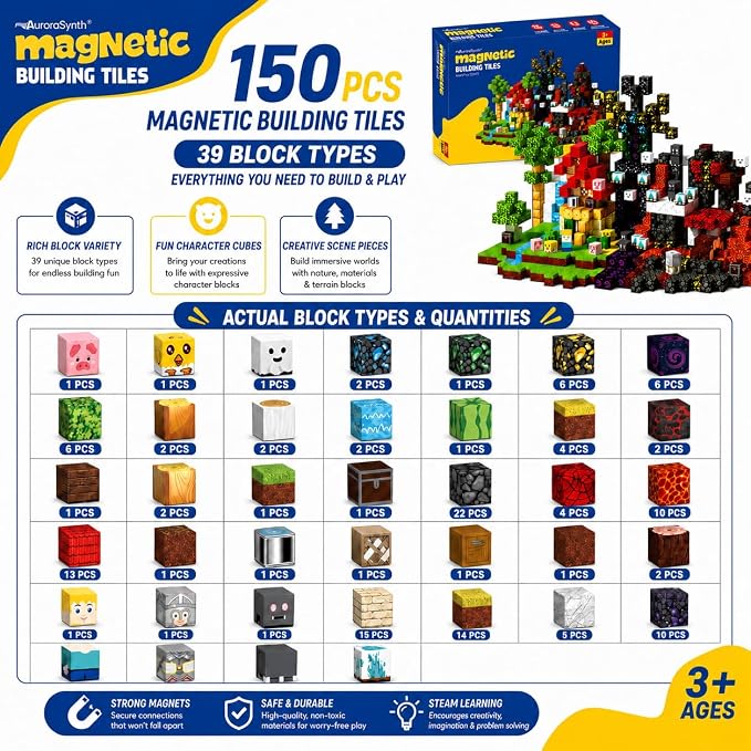 AuroraSynth 150PCS Magnetic Blocks - 0.8in Magnetic Building Blocks Cubes, Magnet Toys for Kids, Stacking Construction Magnets, School STEM Toys Birthday for Boys & Girls Ages 3+