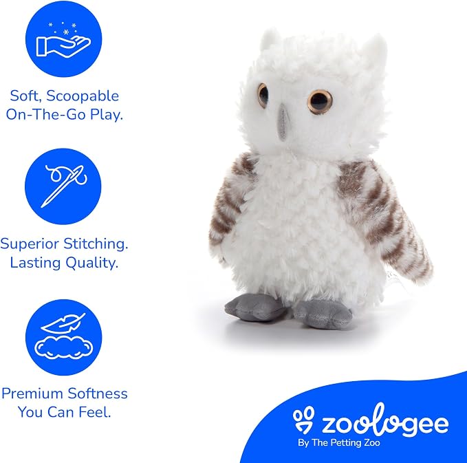 The Petting Zoo Owl Stuffed Animal Plushie, Gifts for Kids, Scoopz Wildlife Animals, White Owl Plush Toy 8 Inches