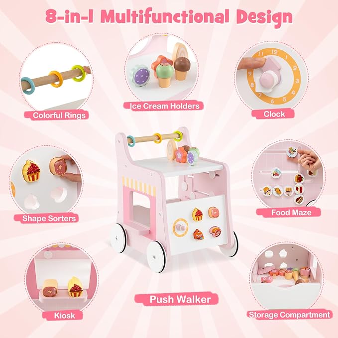 HONEY JOY Baby Push Walker, 8-in-1 Wooden Kids Ice Cream Cart & Activity Walker, Develop Motor Skills & Creativity, Dessert Shop Push Toys for Babies Learning to Walk, Gift for Boys and Girls (Pink)