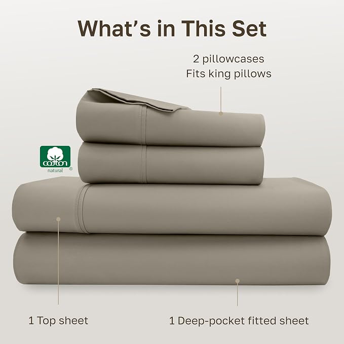 California Design Den Soft 100% Cotton Bed Sheets Cal King Size Set, 400 TC Good Housekeeping Award Winner, Silky Smooth Sateen with Deep Pockets, Breathable & Durable Cal King Bedding Set - Taupe