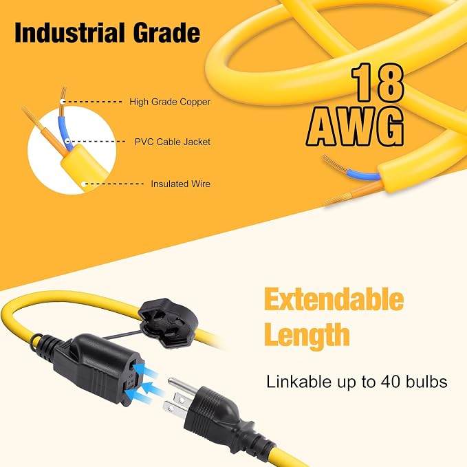 3-Prong 100FT Construction String Lights, IP65 Waterproof ETL Certified String Work Lights, 5000K Daylight 18AWG Wire Linkable Temporary Construction Lighting for Jobsite with 10 Bulbs & Hooks